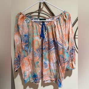 Ralph Lauren Orange and Blue Paisley Blouse, 100% Cotton, Size L